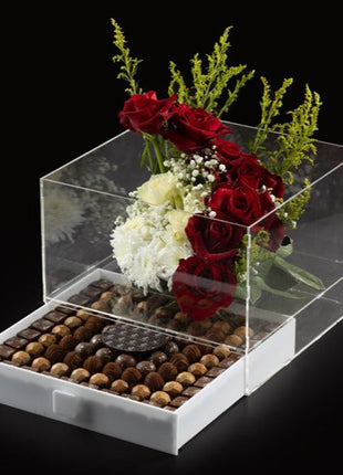 Acrylic Box Containing Chocolates with Fresh Flowers