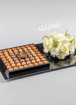 Chocolate Tray with Fresh Flowers and "Alhamdulillah Ala Salama" Greeting