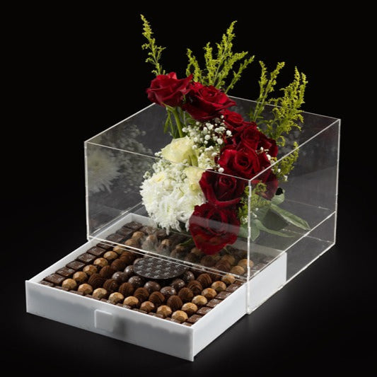 Acrylic Box Containing Chocolates with Fresh Flowers