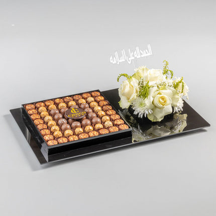Chocolate Tray with Fresh Flowers and "Alhamdulillah Ala Salama" Greeting